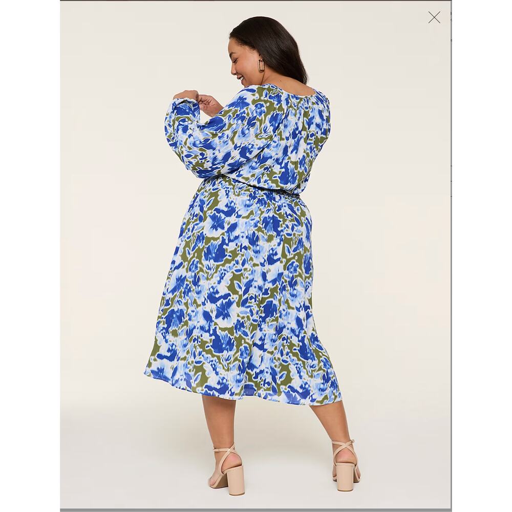 LANE BRYANT NWT Smocked Neck Waist Blue Green Midi Dress // 24 - Picture 2 of 15